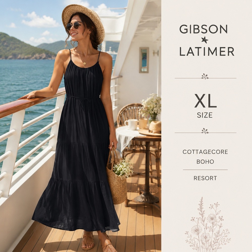 Gibson Latimer Maxi Dress Womens XL Navy 100% Cotton Boho Pockets Resort Cottage